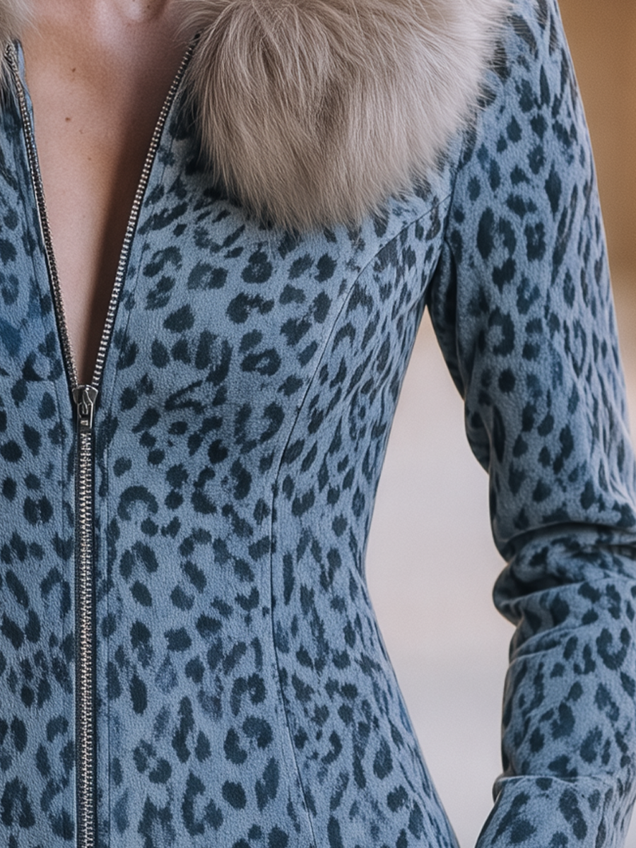 Blue Grey Leopard Print Faux Fur Collar Zip Jacket