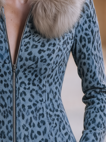 Blue Grey Leopard Print Faux Fur Collar Zip Jacket