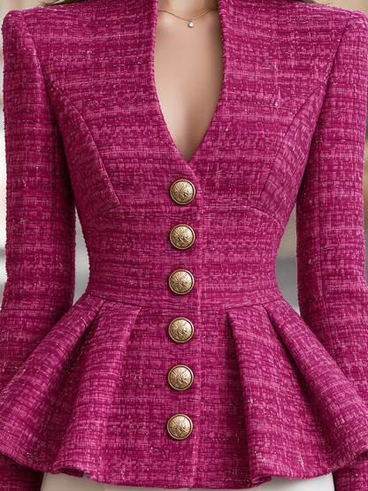 Elegant Pleated Peplum Hem Textured Tweed Fitted Blazer