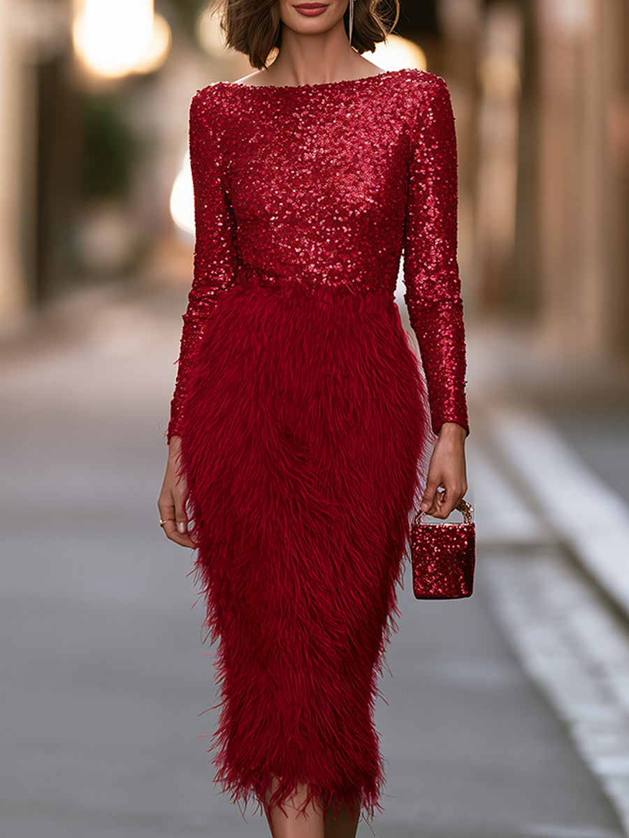 Long-Sleeve Sequin Bodice Faux Fur Midi Party Dress