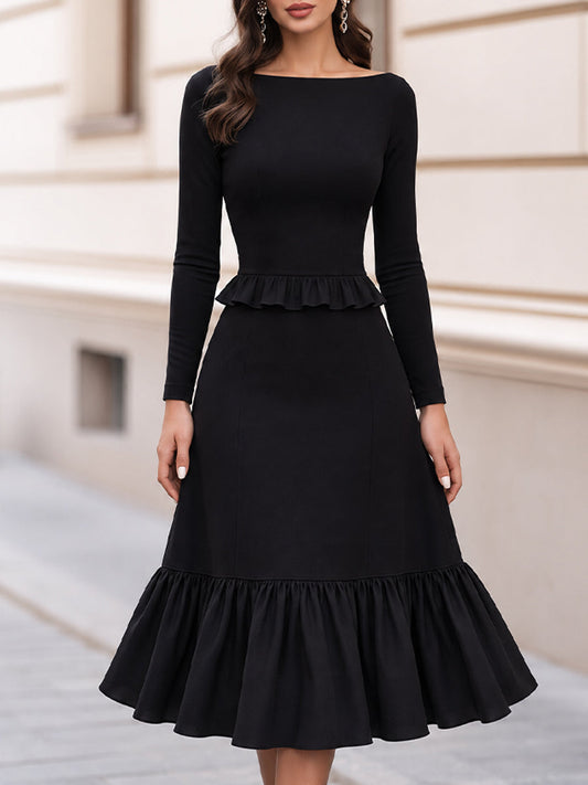 Boat Neck Long Sleeve Peplum Ruffle Midi Dress