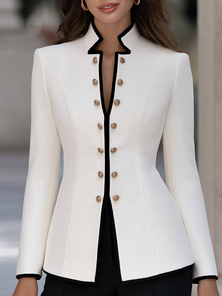 Decorative Buttons Tailored Stand Collar Contrast Trim Blazer