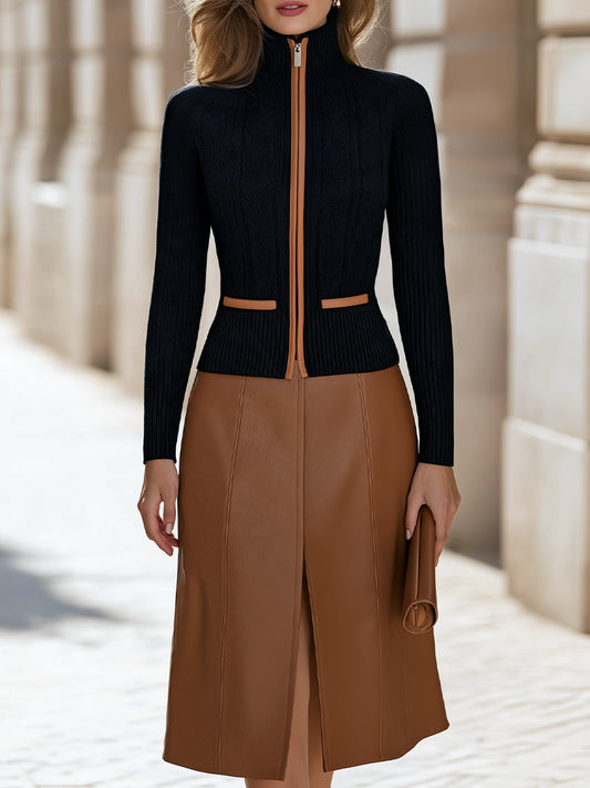 Cable-Knit Zip-Up Cardigan And Faux Leather Midi Skirt Set