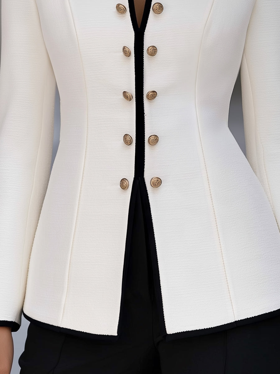 Decorative Buttons Tailored Stand Collar Contrast Trim Blazer