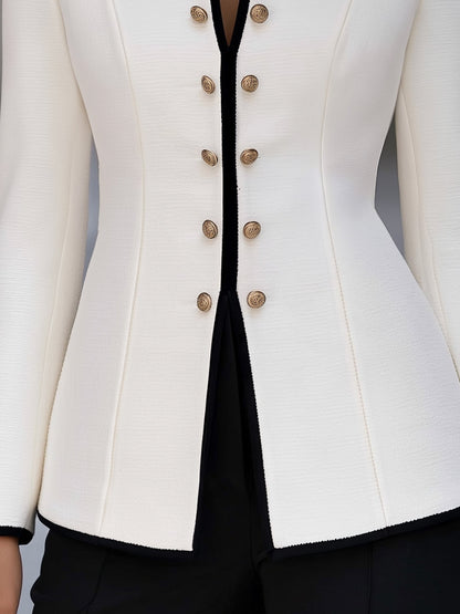 Decorative Buttons Tailored Stand Collar Contrast Trim Blazer