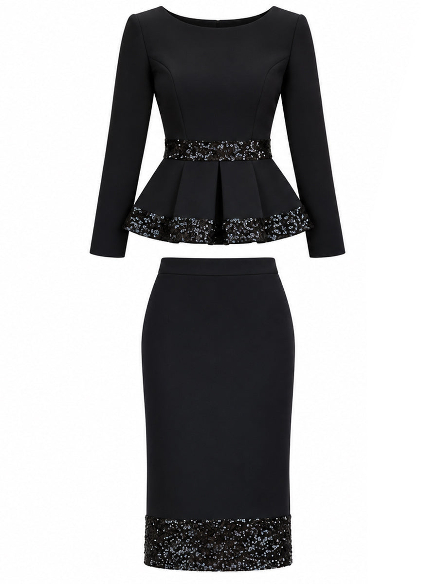 Sequin-Trim Peplum Top And Midi Skirt Set