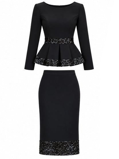 Sequin-Trim Peplum Top And Midi Skirt Set