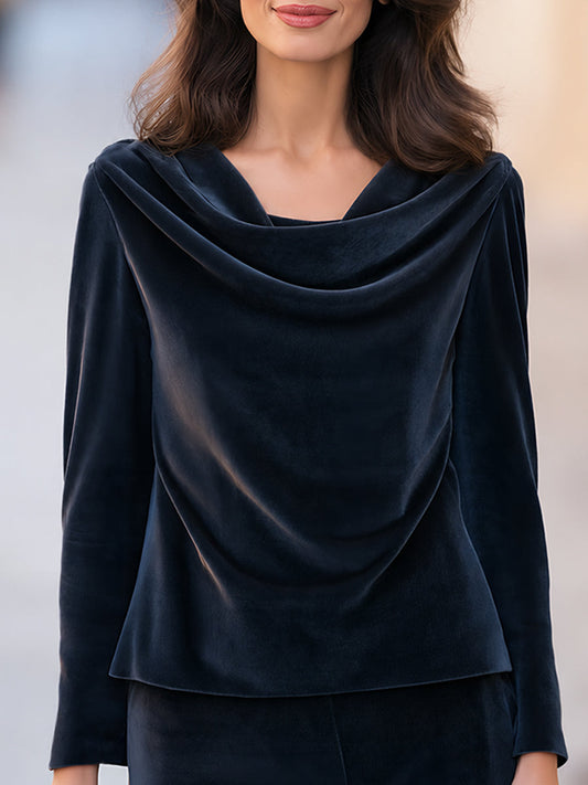 Navy Blue Velvet Draped Cowl Neck Long Sleeve Top