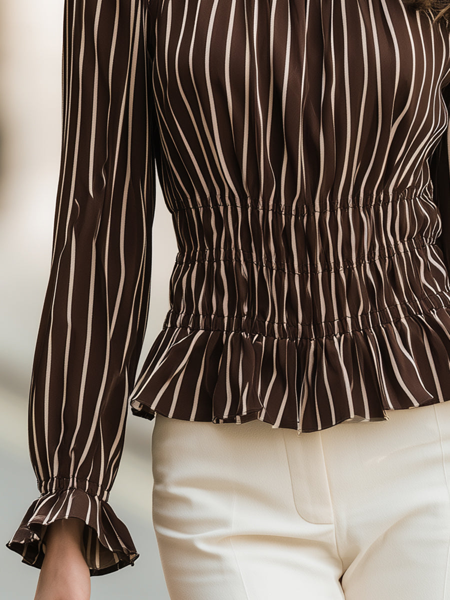 Striped Smocked-Waist Peplum Blouse