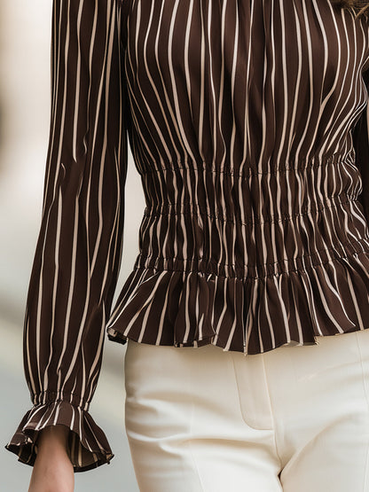 Striped Smocked-Waist Peplum Blouse