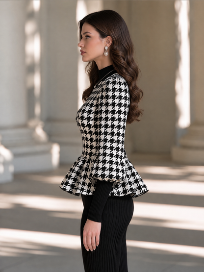 Houndstooth Knit Mock Neck Puff Sleeves Peplum Sweater