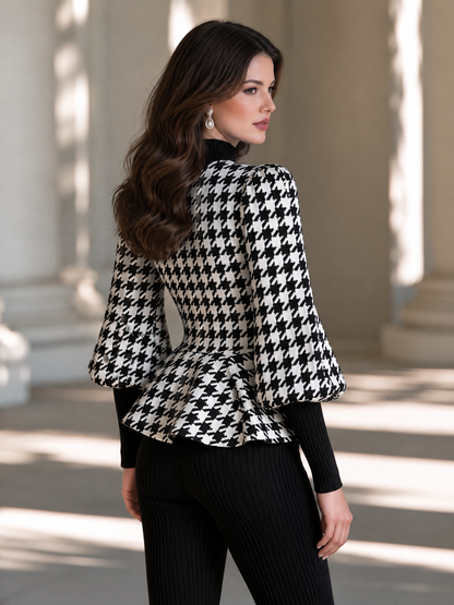 Houndstooth Knit Mock Neck Puff Sleeves Peplum Sweater