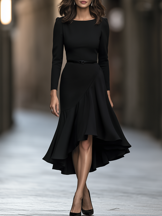 Belted Asymmetric Ruffle Hem Maxi Dress