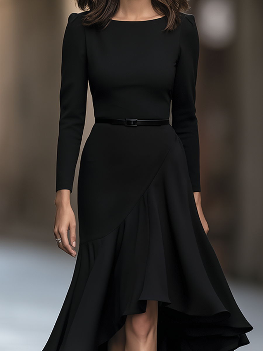 Belted Asymmetric Ruffle Hem Maxi Dress