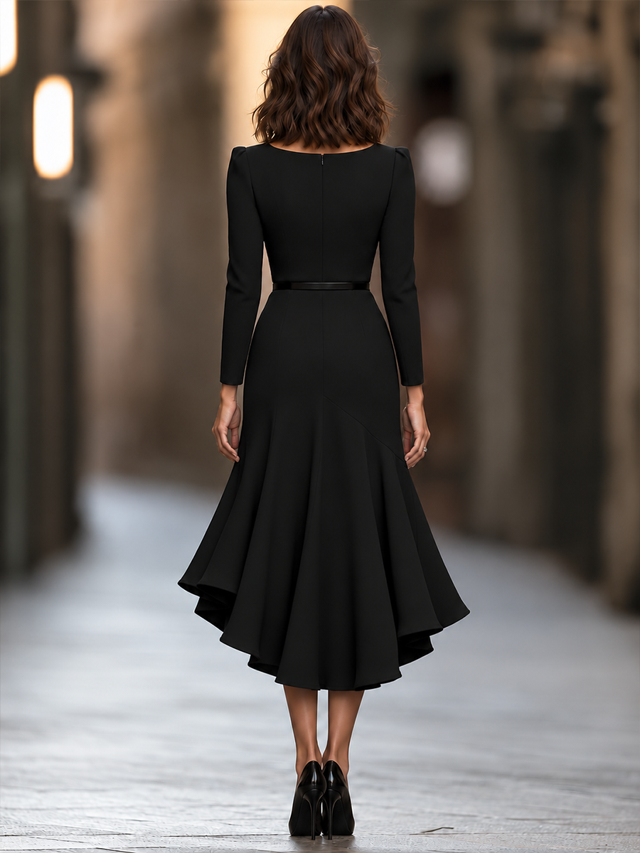 Belted Asymmetric Ruffle Hem Maxi Dress