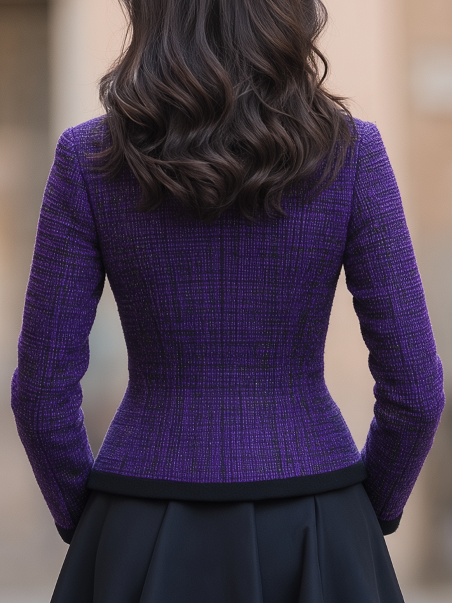 Purple Tweed Black Trim Mandarin Collar Fitted Jacket