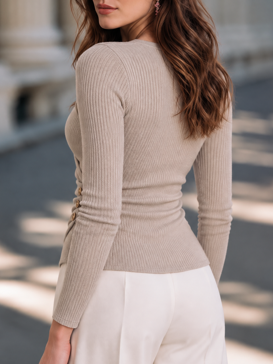 Elegant Crossover V-Neck Gold Button Ruched Waist Knit Top