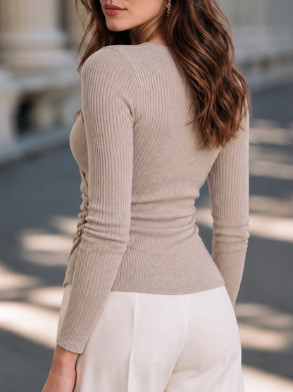 Elegant Crossover V-Neck Gold Button Ruched Waist Knit Top
