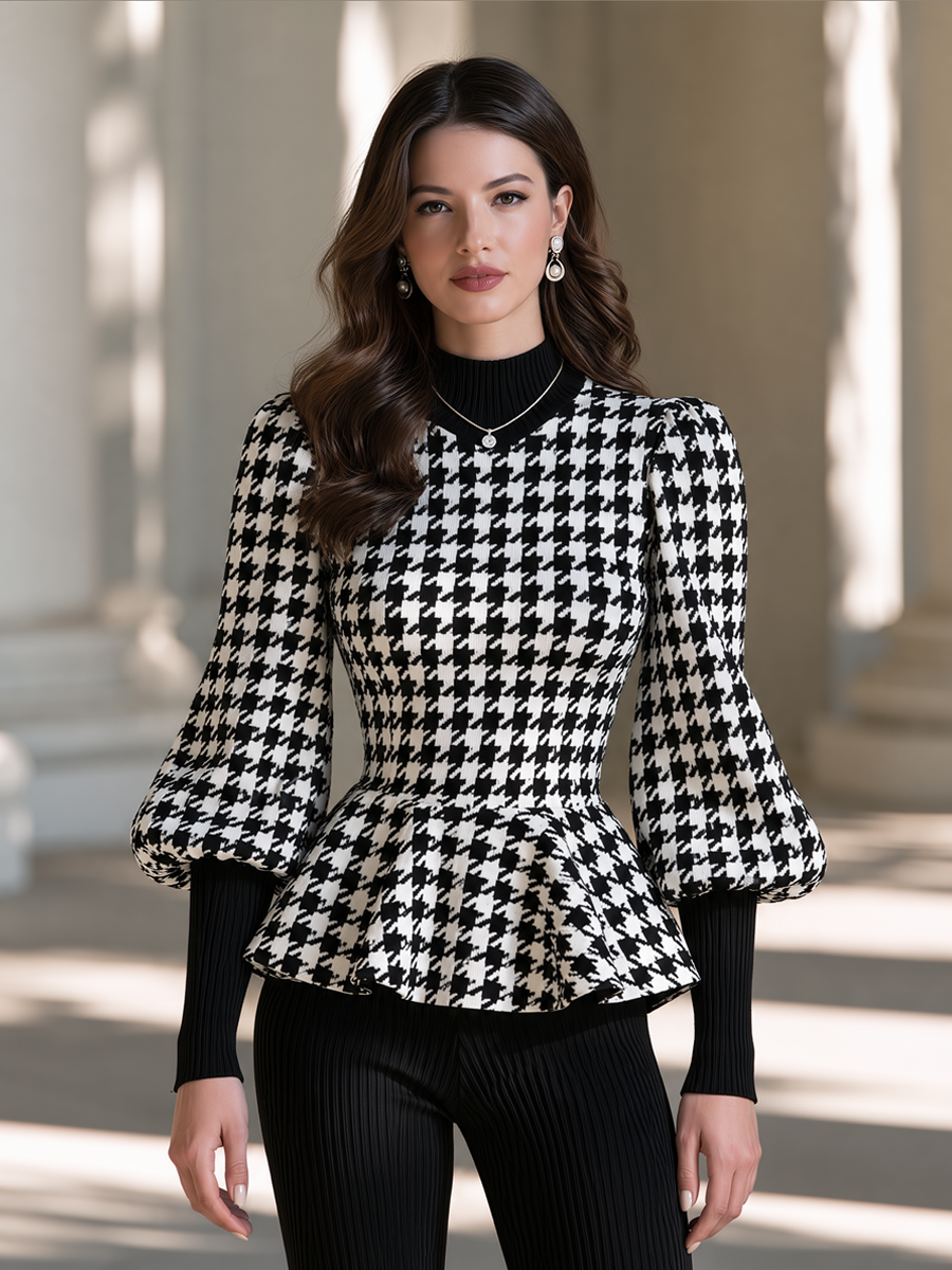 Houndstooth Knit Mock Neck Puff Sleeves Peplum Sweater
