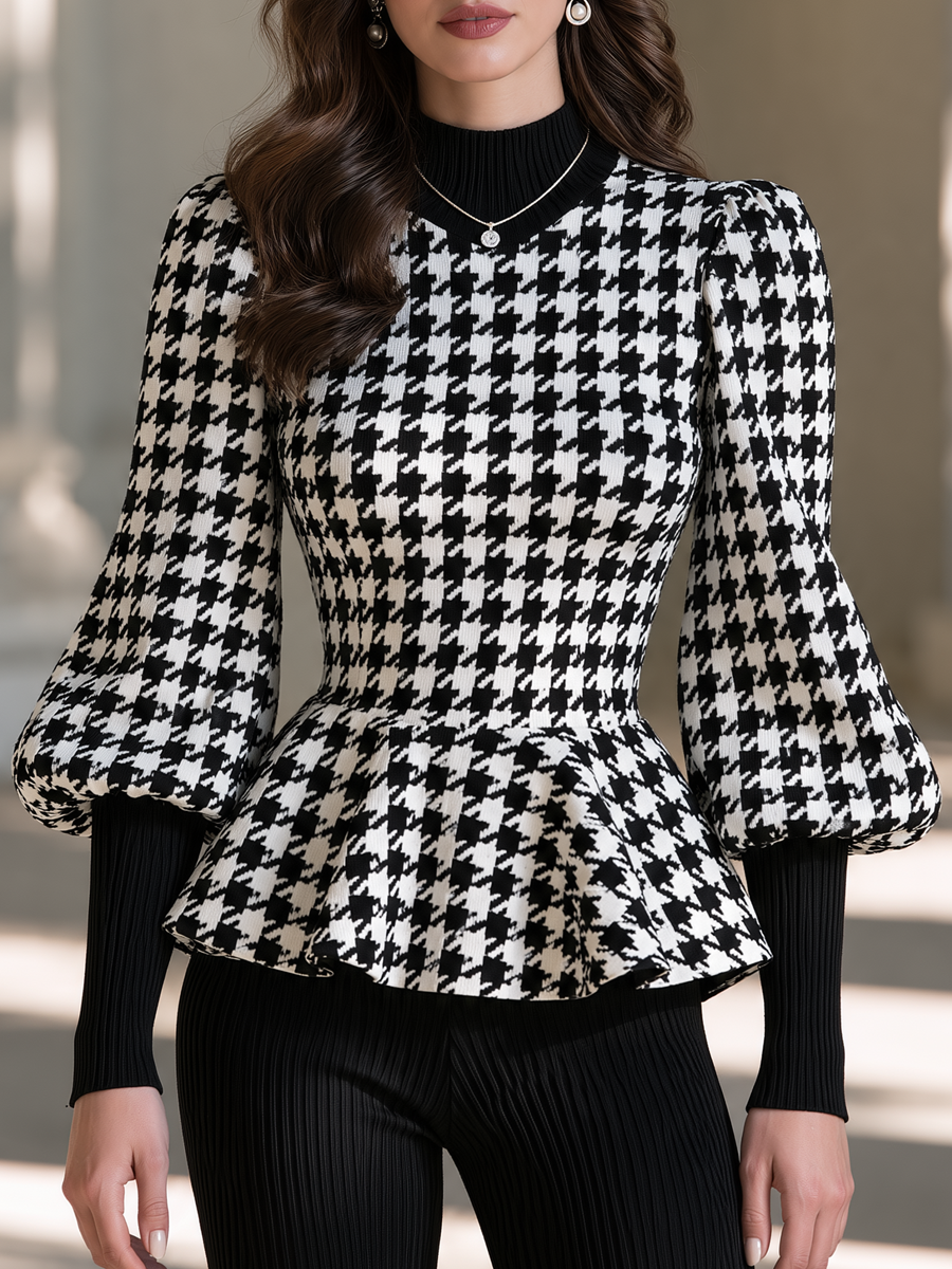 Houndstooth Knit Mock Neck Puff Sleeves Peplum Sweater