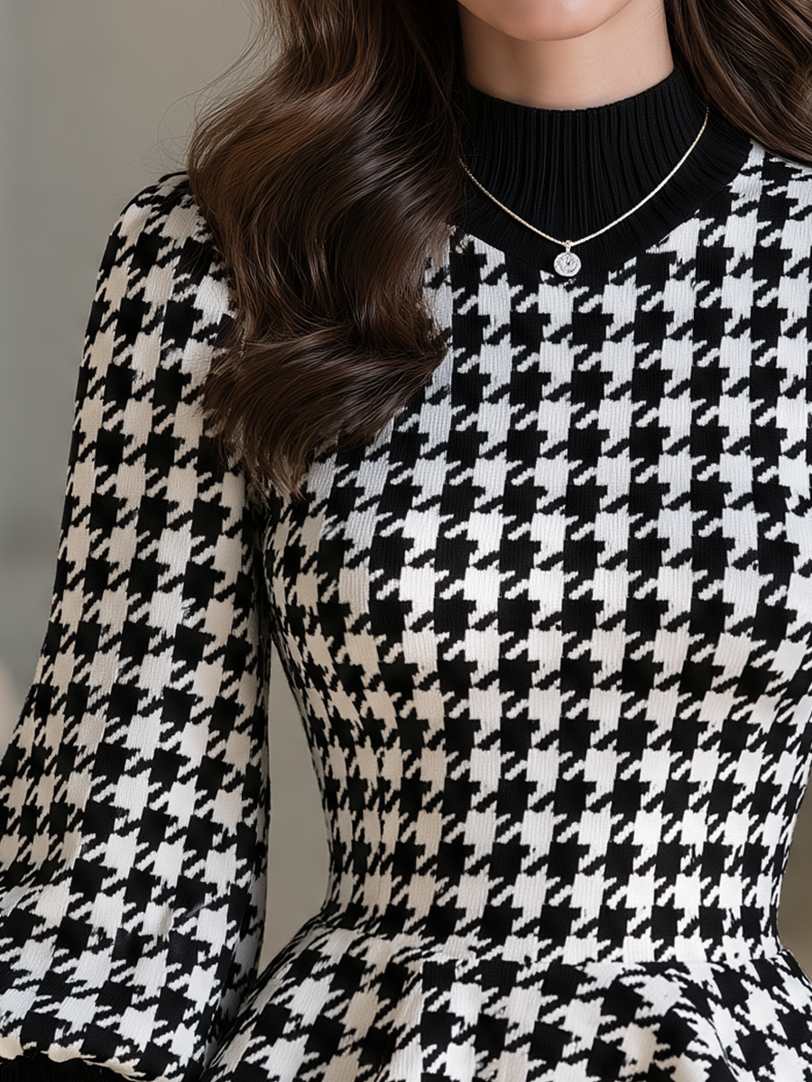 Houndstooth Knit Mock Neck Puff Sleeves Peplum Sweater