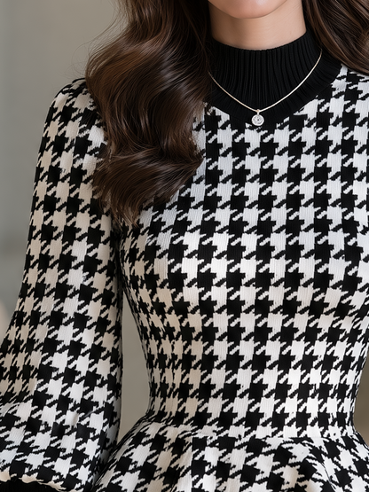Houndstooth Knit Mock Neck Puff Sleeves Peplum Sweater