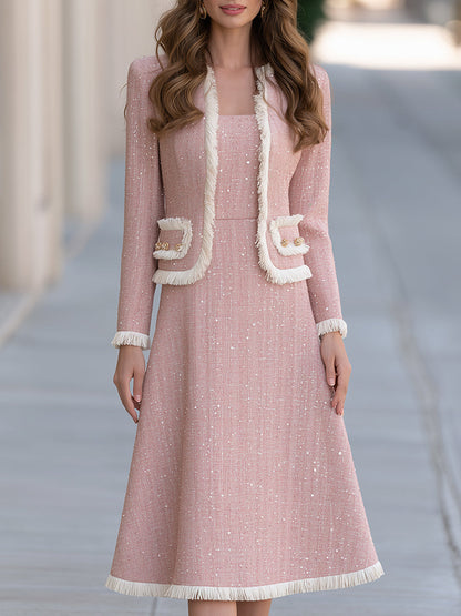 Elegant Fringe Trim Tweed Jacket And A-Line Midi Dress Two-Piece Set