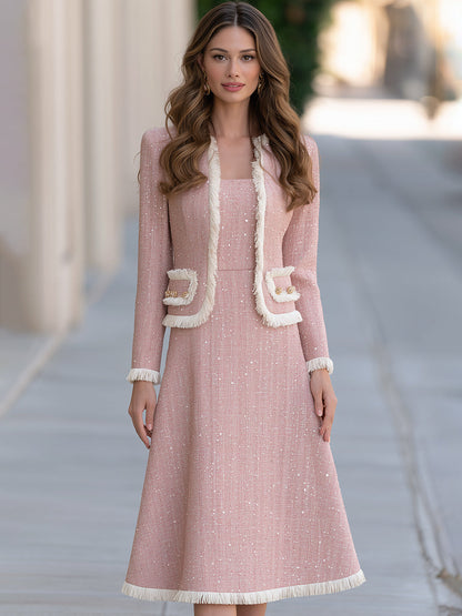 Elegant Fringe Trim Tweed Jacket And A-Line Midi Dress Two-Piece Set