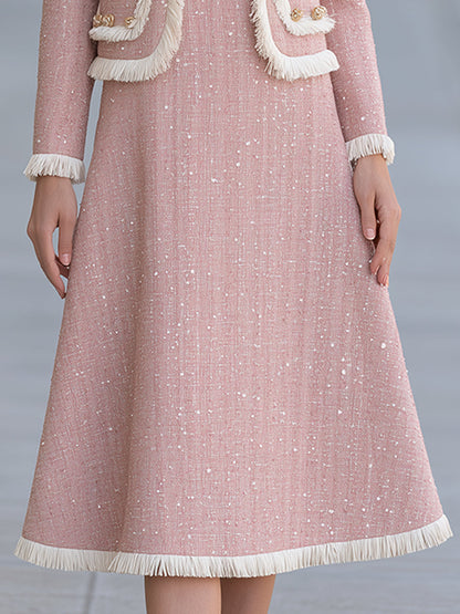 Elegant Fringe Trim Tweed Jacket And A-Line Midi Dress Two-Piece Set