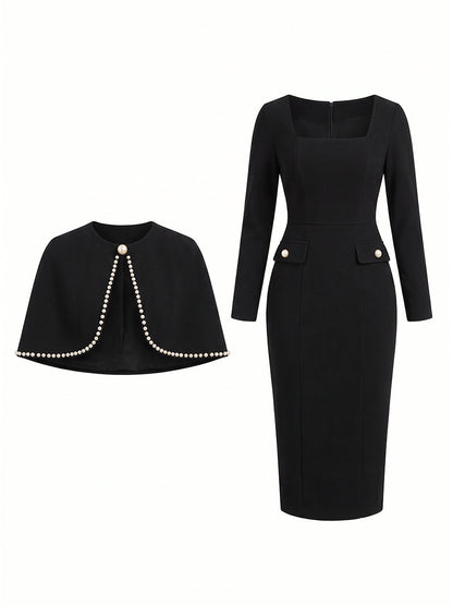 Pearl Trim Cape & Bodycon Midi Dress 2 Piece Set