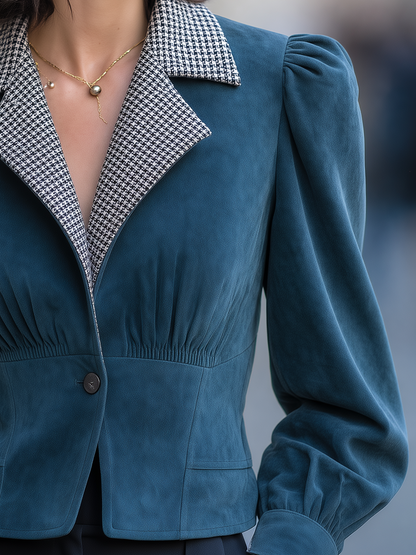 Teal Faux Suede Houndstooth Collar Puff Sleeve Cropped Jacket