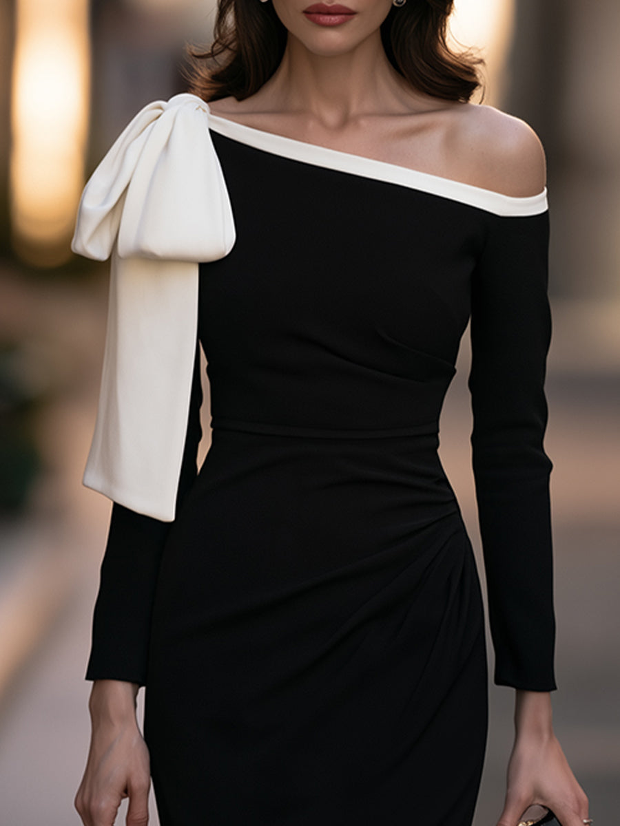 One-Shoulder Matte Satin Bow Crepe Midi Dress