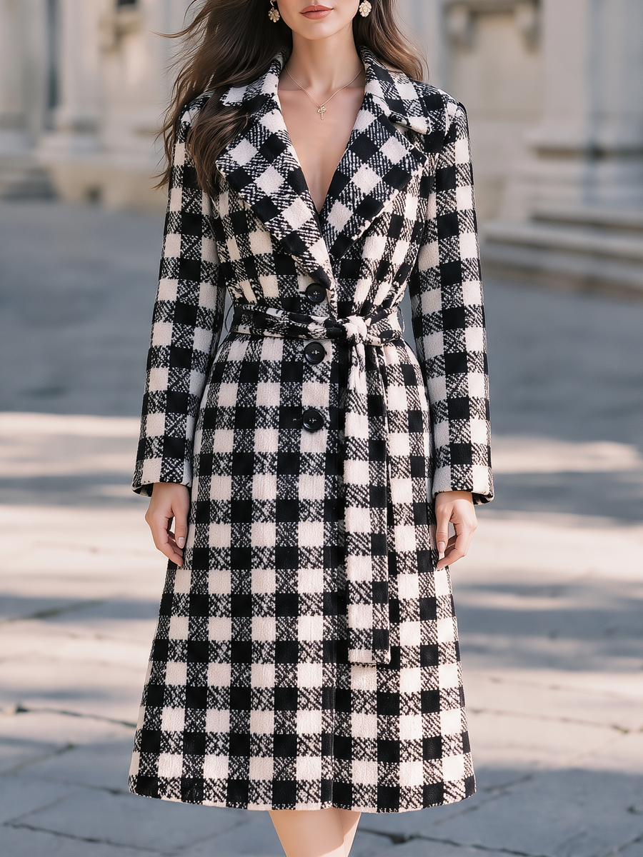 Elegant Tie Waist And Button Front Plaid Wool Long Coat