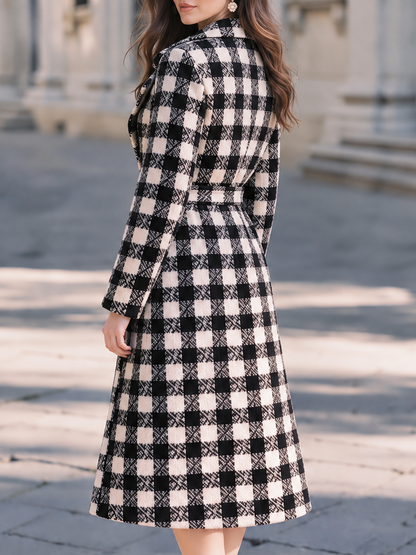 Elegant Tie Waist And Button Front Plaid Wool Long Coat