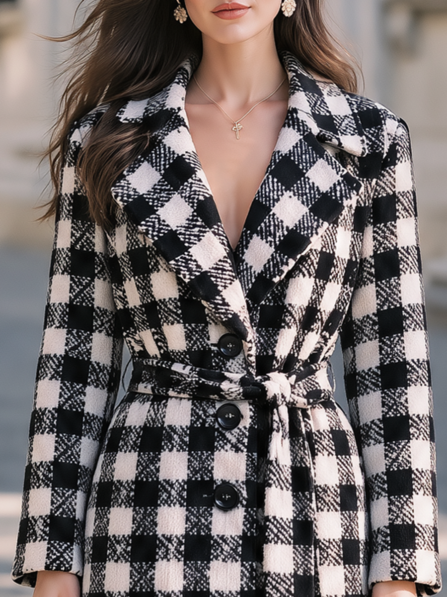 Elegant Tie Waist And Button Front Plaid Wool Long Coat