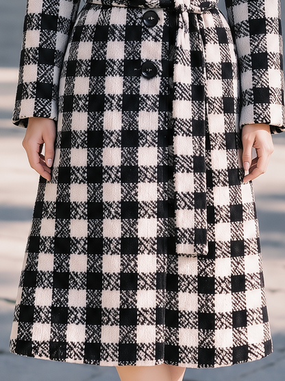 Elegant Tie Waist And Button Front Plaid Wool Long Coat