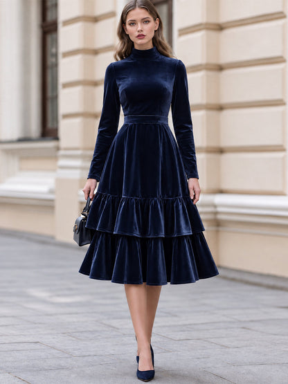 High Neck Velvet Tiered Midi Dress
