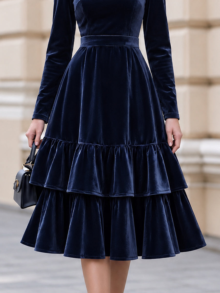 High Neck Velvet Tiered Midi Dress
