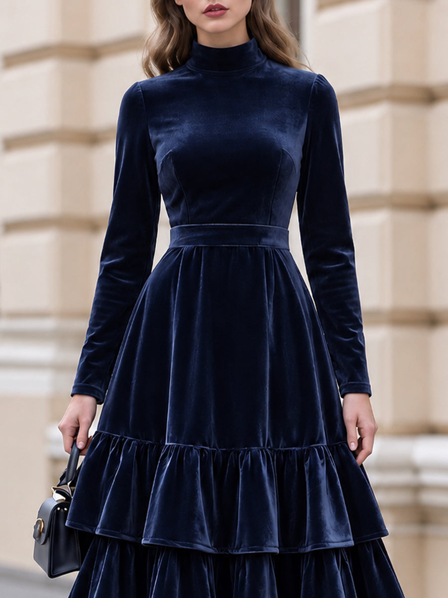 High Neck Velvet Tiered Midi Dress
