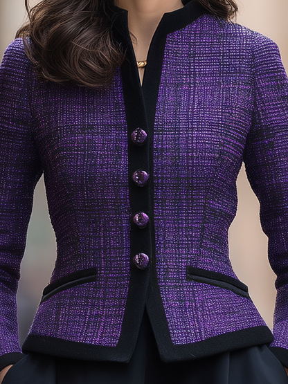 Purple Tweed Black Trim Mandarin Collar Fitted Jacket
