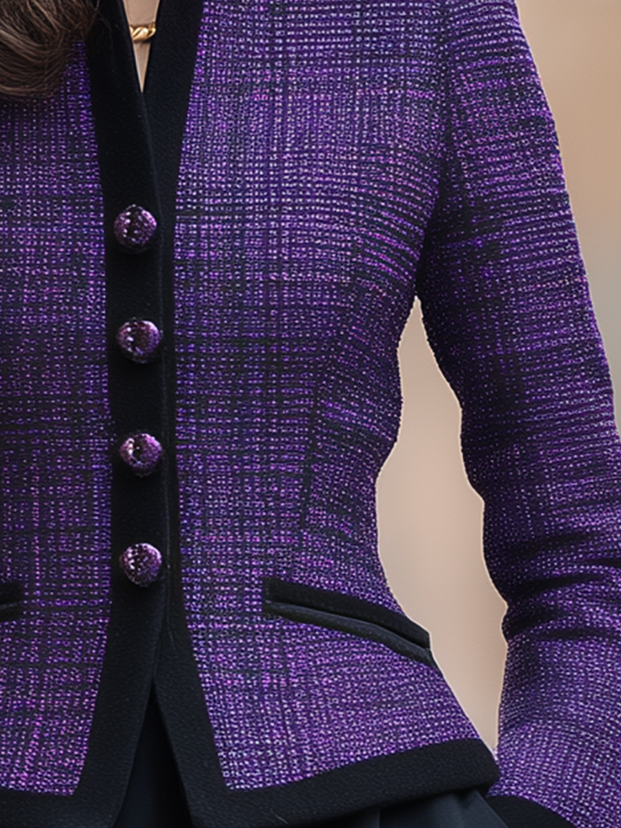 Purple Tweed Black Trim Mandarin Collar Fitted Jacket