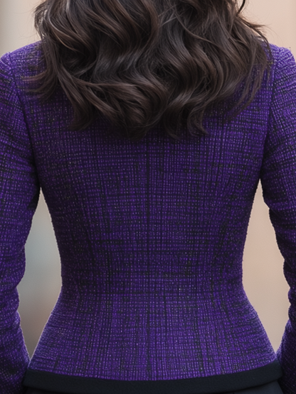 Purple Tweed Black Trim Mandarin Collar Fitted Jacket