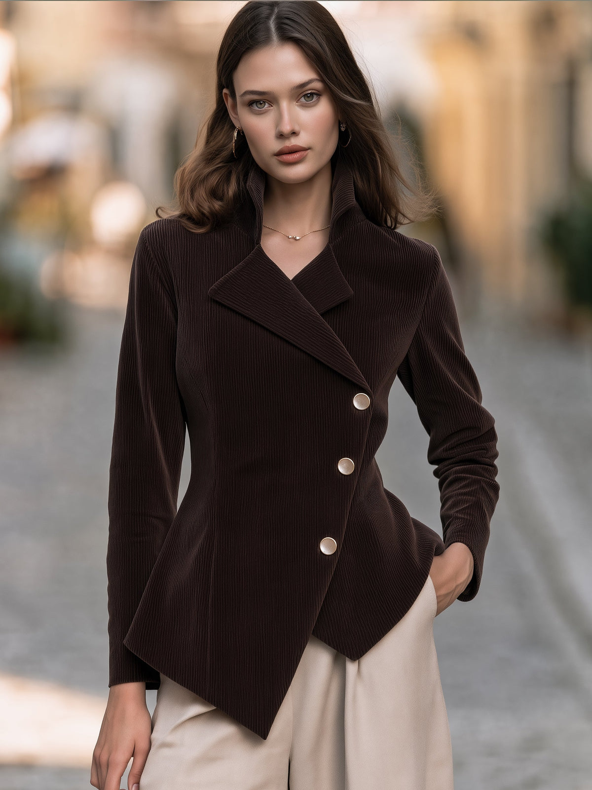 Asymmetric Double-Breasted Corduroy Jacket