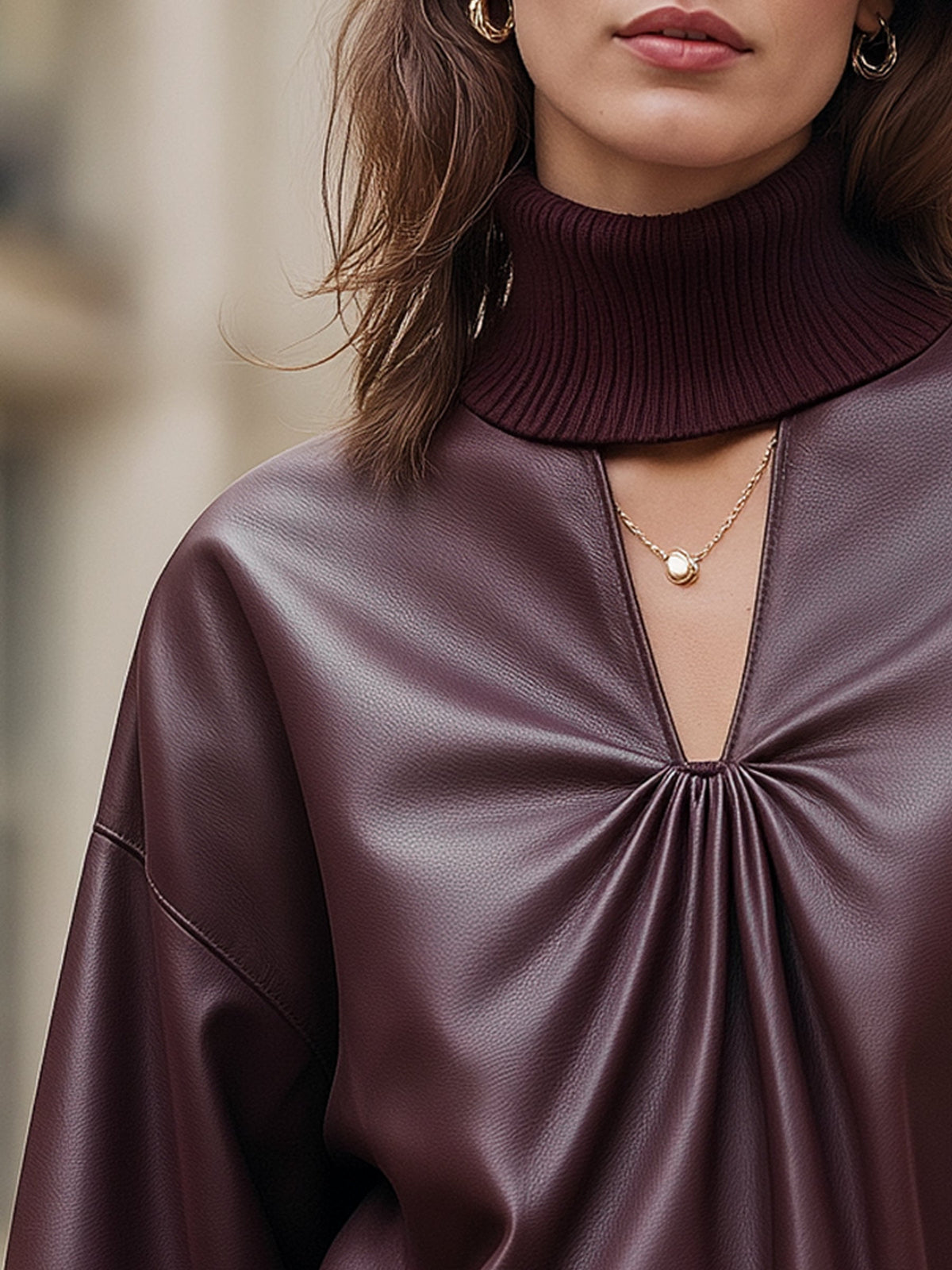Faux Leather Cutout Turtleneck Blouse
