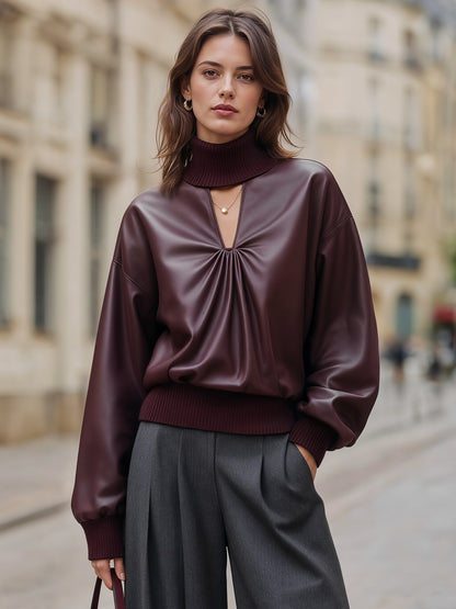 Faux Leather Cutout Turtleneck Blouse