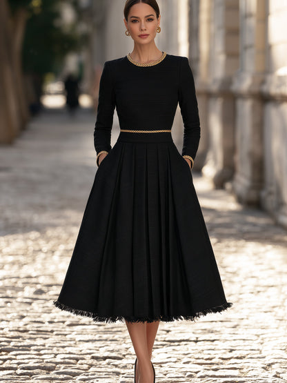 Gold Trim Fit And Flare Tweed Midi Dress