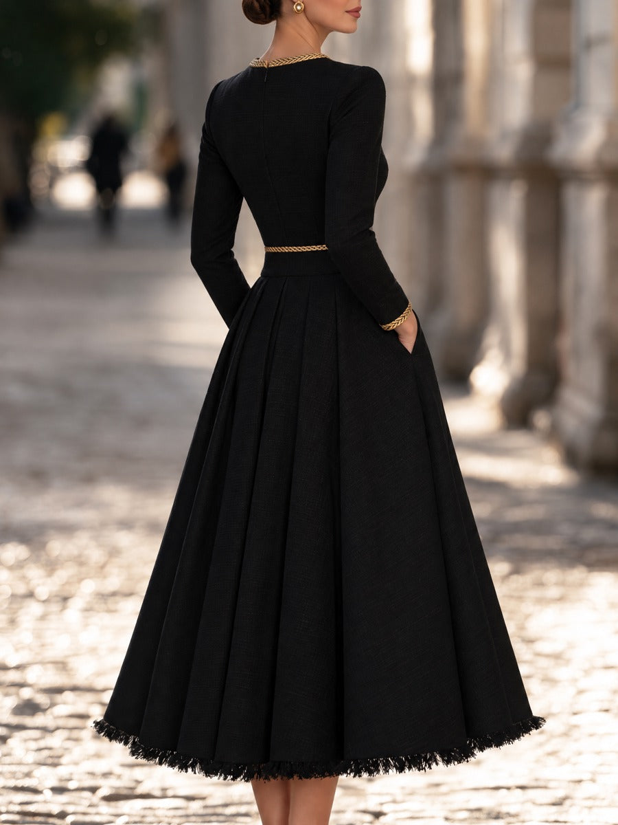 Gold Trim Fit And Flare Tweed Midi Dress