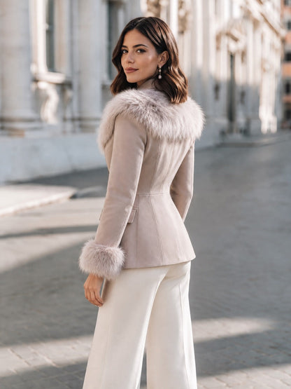 Elegant Faux Fur Trim Flap Pockets Fitted Jacket