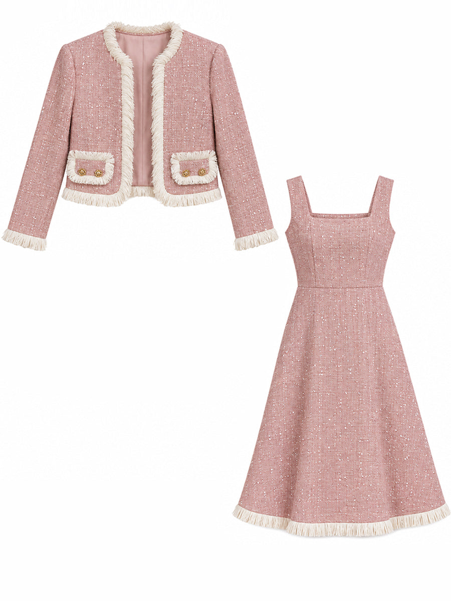 Elegant Fringe Trim Tweed Jacket And A-Line Midi Dress Two-Piece Set