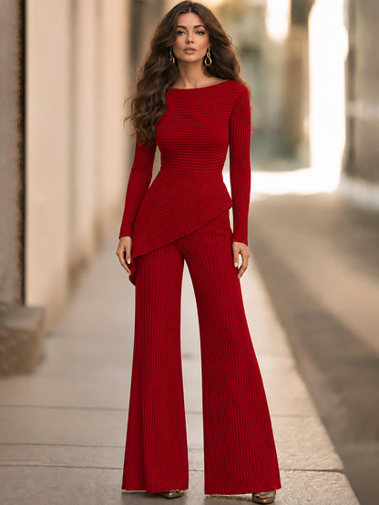 Elegant Ribbed Knit Asymmetric Peplum Top And Wide-Leg Pants Two-Piece Set